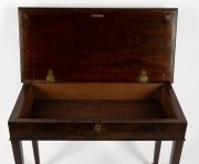 An antique English mahogany side table with hinged top and internal storage, with square form tapering legs and spade feet, 18th century and later additions, 70cm high, 86cm wide, 41cm deep. - 2