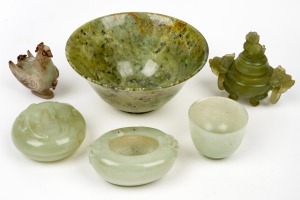 A Chinese jade rooster ornament, spinach jade bowl, jade cup, lidded box, miniature censer and bowl, 20th century, (6 items), the largest 12cm diameter.