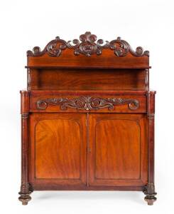 CHIFFONIER: A fine Rococo Revival cedar chiffonier, c1860 most likely made in Melbourne. Full turned columns with applied carving to drawer front & back piece. Illustrated in "AUSTRALIAN FURNITURE Pictorial History & Dictionary 1788-1938" by Kevin Fahy & 