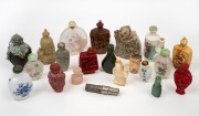 A group of twenty one assorted scent bottles including carved ivory, porcelain, jade, hardstone and glass, 20th century, the largest 8.5cm high.