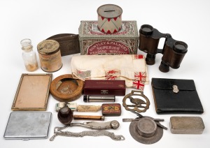 COLLECTIBLES GROUP of tins, binoculars, metal ware, bosun whistle, instruments, etc, mixed vintages, (qty).