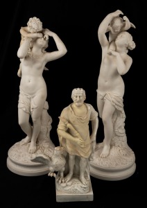 A pair of antique Parian ware porcelain statues, together with an antique pottery statue, 18th/19th century, (3 items), the largest 45cm high.