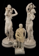A pair of antique Parian ware porcelain statues, together with an antique pottery statue, 18th/19th century, (3 items), the largest 45cm high.
