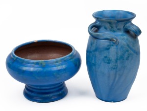 BARON BARNSTAPLE English Arts & Crafts blue glazed pottery vase and bowl, early 20th century, the larger 25cm high.