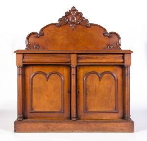 SIDEBOARD: Colonial cedar 2 drawer cantilever top supported by 3 turned columns, unusual double domed panel doors, carved back & original patina. c1860s. 148 x 60 x 100cm