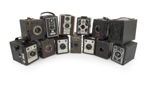 BOX CAMERAS: Early/mid-20th century group, with brands including Agfa, Bilora, Braun, Conway, Coronet, and Ensign. (13 items)