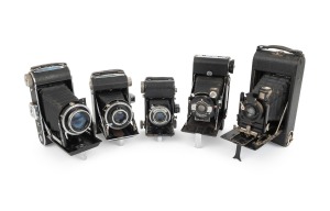 FOLDING CAMERAS: Early/mid-20th century group comprising Balda Beltica, Ernemann Bob (00), Franka Rolfix II, Kershaw Eight-20 Penguin, and Welta Weltax. (5 items)