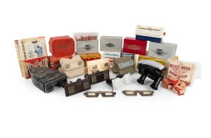 BAKELITE/PLASTIC STEREOSCOPES: Group of nineteen 1930s-1960s models (several in original box), plus a small quantity of reels; brands include Brugui&egrave;re, Brumberger, Conway, Hanimex, Stereo-Rama, and Tru-Vue. (19+ items)