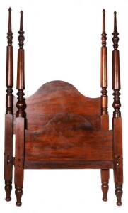 Colonial cedar single four poster bed with turned columns, c1860. Height 202, width 124cm