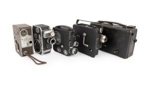 MOVIE CAMERAS: Diverse group of early-20th century models, comprising Bolex-Paillard C8L, Campro Cine Camera Projector, Cin&eacute;-Kodak Model B, Eumig C3, and Miller Cine Model CA. (5 items)