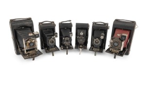 KODAK: Group of early-20th century folding cameras, comprising No. 1 Kodak JR. (2), No. 1 Pocket Kodak, No. 2 Folding Autographic Brownie, No. 3 Folding Pocket Kodak Model E (red bellows), and No. 3 Folding Pocket Kodak Model H. (6 items)