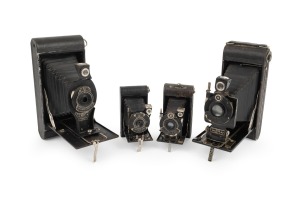 KODAK: Group of early-20th century folding cameras, comprising No. 2C Kodak Series III, No. 3A Folding Cartridge Hawk-Eye Model B, Vest Pocket Kodak Model B, and Vest Pocket Kodak Series III. (4 items)