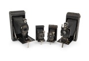 KODAK: Group of early-20th century folding cameras, comprising No. 2C Kodak Series III, No. 3A Folding Cartridge Hawk-Eye Model B, Vest Pocket Kodak Model B, and Vest Pocket Kodak Series III. (4 items)