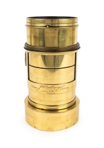 DALLMEYER: Mid-19th century brass Petzval lens with lens diameter of approx. 8cm, total length approx. 20.5cm, bearing engraving "J.H. Dallmeyer London - 3B Patent - No. 24168".