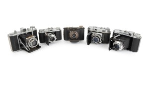 FOLDING CAMERAS: Circa 1950s group comprising Certo Dollina, Kodak Retina IIc, Tosei Optic Frank Six Model I, Voigtlander Perkeo I, and Voigtlander Vito II. (5 items)