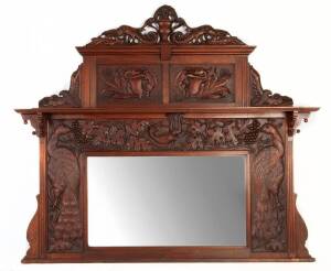 Australian Arts & Crafts overmantle mirror. Carved blackwood with lyrebird, peacocks fruit & leaves as well as griffins. In the manner of Robert Prenzel. 