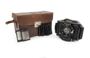 JOS-PE: Tri-Colour Camera [#607], c. 1925, with Quinar 105mm f2.5 lens [#168132]; offered in leather case with five film holders and two filters; scarce and unusual camera configuration designed to produce instant simultaneous red/green/blue negatives.