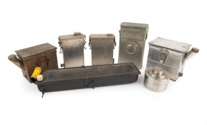 Group of seven different metal daylight development tanks; brands include Amato, Dallaw, King, Kodak, and LPL; the largest approx. 7 x 39 x 9cm.