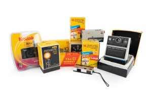 KODAK: Diverse group of Kodak photography products in original packaging, comprising EK6, Ektralite 10, Instamatic M2, Instamatic Movie Light, KB18 Autoflash, Pocket Instamatic 200 (2), and "The Winner". (8 items)