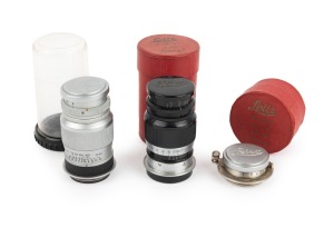 LEITZ: Group of lenses, all with Leica caps, comprising EKURZ Elmar 35mm f3.5 (in maker's box), ELANG Elmar 90mm f4 [#220742] (black/chrome; in maker's box), and Elmar 90mm f4 [#1037211] (in plastic capsule). (3 items)