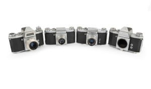 KAMERA-WERKST&Auml;TTEN: Group of 1950s-60s SLRs, comprising Praktica (Tessar T 50mm f3.5), Praktica FX (Trioplan V 50mm f2.9), Praktica IV (body only), and Praktica IVB (Meritar 50mm f2.9). (4 items)
