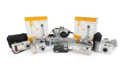 DIGITAL CAMERAS: Circa 2000s group comprising Canon Powershot S50 (with charger), Fujifilm F410, HP Photosmart 435, Kodak Easyshare C310, Minolta DiMage F200, Mitsuca DS-5060S (with case), Olympus Camedia C-740 (with case), Pentax Optio E30, Polaroid PDC1