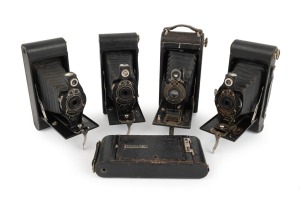 KODAK: Group of early-20th century folding cameras, comprising No. 1A Autographic Kodak JR., No. 1A Pocket Kodak, No. 2A Folding Autographic Brownie, No. 2A Folding Cartridge Hawk-Eye, and No. 2A Folding Cartridge Hawk-Eye Model B. (5 items)