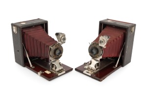 KODAK: Two Pocket Premo C folding cameras, c. 1907, Bausch & Lomb Rapid Rectilinear lenses, red bellows.
