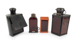 Group of four different antique darkroom safelights; manufacturers include H. Bishop & Sons, Ensign, and "Reliance". (4 items)