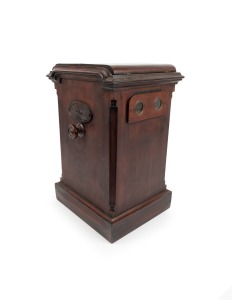Circa 1860s tabletop stereoscope, height 53cm (with mirror up), dual front and back viewing lenses, loaded with 40+ hand-coloured stereo cards (British parlour content) on chain drive operated by external knob.