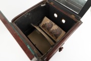 Circa 1860s tabletop stereoscope, height 53cm (with mirror up), dual front and back viewing lenses, loaded with 40+ hand-coloured stereo cards (British parlour content) on chain drive operated by external knob. - 3