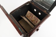 Circa 1860s tabletop stereoscope, height 53cm (with mirror up), dual front and back viewing lenses, loaded with 40+ hand-coloured stereo cards (British parlour content) on chain drive operated by external knob. - 4