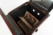 Circa 1860s tabletop stereoscope, height 53cm (with mirror up), dual front and back viewing lenses, loaded with 40+ hand-coloured stereo cards (British parlour content) on chain drive operated by external knob. - 5