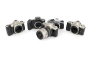 ASAHI KOGAKU: Group of 1990s-2000s SLRs, comprising Pentax MR Super (body only), Pentax MZ-30 (body only), Pentax MZ-50 (Sigma Zoom 28-80mm f3.5-5.6), Pentax MZ-50 (body only), and Pentax Z-10 (body only). (5 items)