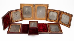 DAGUERREOTYPES: Group of eight assorted portraits in embossed leather cases, some with gilt tooling; the largest portrait 12 x 9.5cm overall when opened.