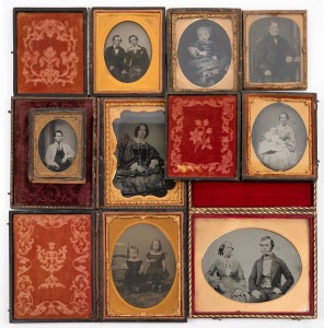 AMBROTYPES: Group of eight portraits in tooled leather cases (most intact), c. 1850s, the largest portrait 11 x 14cm overall.