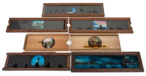 Group of mid-19th century panoramic slipping slides, the largest 10 x 38cm overall; rail, shipping (noted Niagara Falls), lighthouse, and horse-drawn carriage interest. (7 items)
