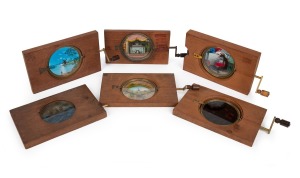 Group of rotary-type wooden slides for magic lantern; noted Ratcatcher (with slipping slide element) and steamship at sea (eccentric movement-type); generally 11 x 18cm. (6 items)