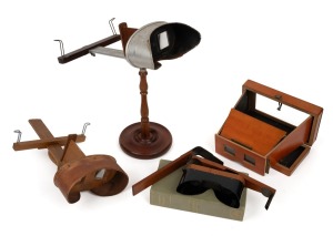 Group of four different early-20th century handheld stereoscopes, including a Sunbeam Tour "Sunscope" in case, and an H.C. White Co. "Perfecscope"-type.