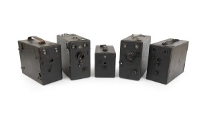 Group of detective-type box cameras, c. 1880s, one named "The Express", the rest anonymous; the tallest 18.5cm. (5 items)