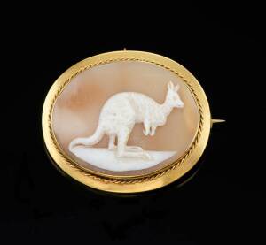 IMPORTANT CAMEO BROOCH: The oval helmet shell depicting a kangaroo. Applied triple part bar mark for 9ct (Makers mark obscure) For a similar example by F W NISSEN, BRISBANE see Caville, Cocks and Grace, &nbsp;Published by CGC Gold Pty Ltd, 1992, page 179.
