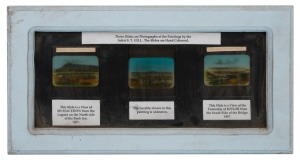 MT MACEDON, KEILOR, & OTHER: Three 1857 hand-illustrated glass slides for magic lantern; framed and glazed, 43 x 23cm overall.
