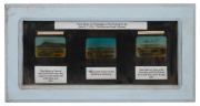 MT MACEDON, KEILOR, & OTHER: Three 1857 hand-illustrated glass slides for magic lantern; framed and glazed, 43 x 23cm overall.