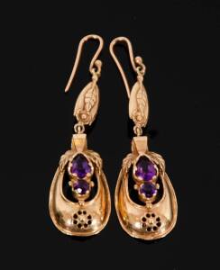 AMETHYST PENDANT EARRINGS: Stamped 9ct, rose gold. Provenance: Private collection Ballarat