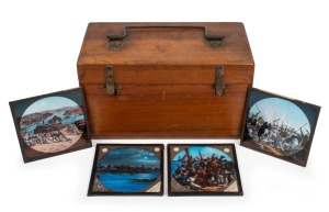 ANGLO-SUDAN WAR: Collection of thirty-five 83 x 83mm hand-illustrated glass slides for magic lantern, mostly by Wright & Co., Bootle; housed in 11 x 20 x 10.5cm timber case.
