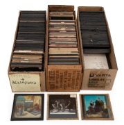 RELIGIOUS: A large collection of early-20th century 83 x 83mm glass slides for magic lantern; mixture of hand-illustrated and photographic types; the expected biblical scenes, but also many hymnal texts and Temperance Movement. (230+ items)