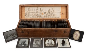 SPIRITUALISM: An interesting collection of 83 x 83mm glass slides for magic lantern, mostly hand-illustrated, including several depicting seances, ectoplasm, etc; housed in 10 x 37 x 11.5cm. (49 items)