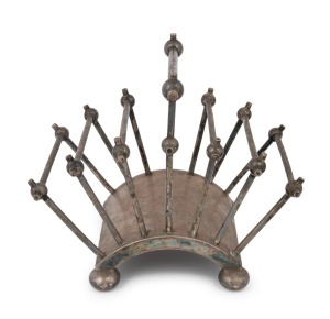 CHRISTOPHER DRESSER designed antique English silver plated toast rack made by HUCKIN & HEATH of Birmingham, circa 1881, stamped "H. & H." with pictorial mark and serial No. 2556. 12cm high, 15cm wide, 10.5cm deep.