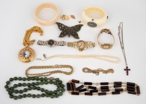 Costume jewellery, wrist watches, pocket watch, ivory bangle, pearl necklace, gold plated necklaces, jade bead necklace with silver clasp, etc, 20th century, (15 items).