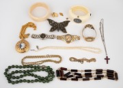 Costume jewellery, wristwatches, pocket watch, ivory bangle, pearl necklace, gold plated necklaces, jade bead necklace with silver clasp, etc, 20th century, (15 items).